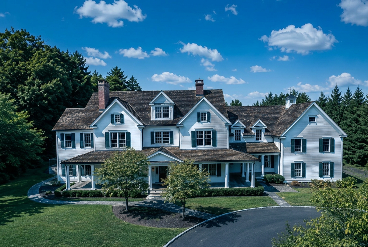 Classic New England colonial home with manicured lawn